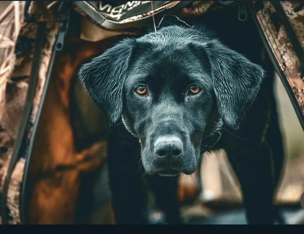 Black dog looking out from a doorway — Dogworx brand photograph